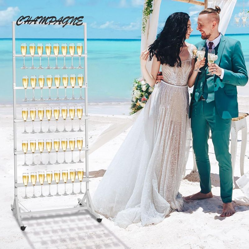 Photo 1 of Champagne Wall Holder for Party - 40 Glasses Metal Champagne Display Stand 5-Tier Champagne Rack Shelf with Swivel Casters for Wedding Bar Decor (White)
