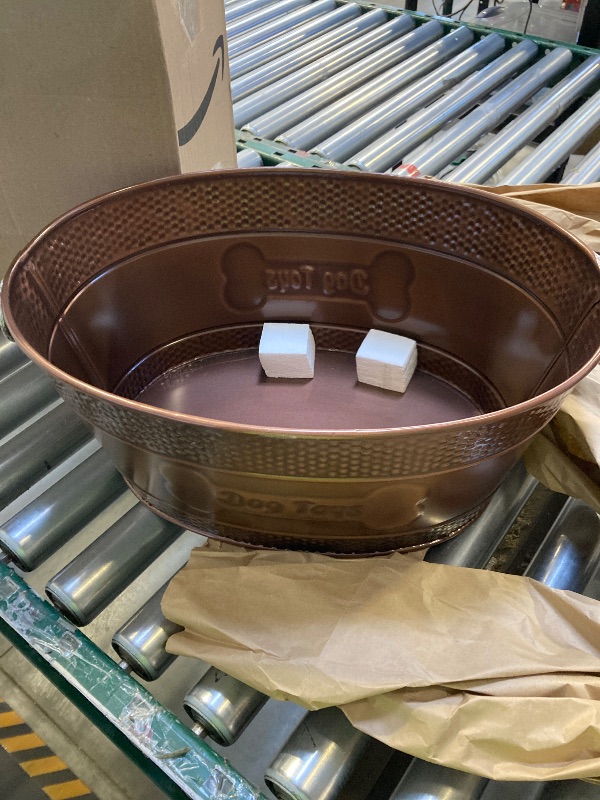 Photo 1 of Indestructible Metal Dog Toy Bin - Copper Galvanized Storage Bin with Handles, Dog Toy Box for Dog Chew Toys, Blankets, & Leashes, Dog Bone Design Pet Toy Box (15-Quart)
