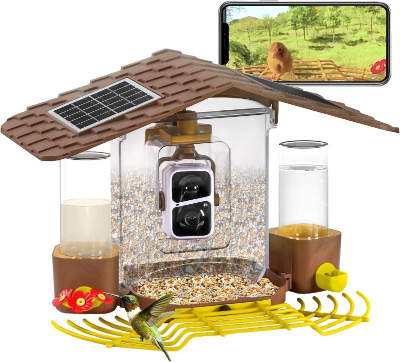 Photo 1 of Aivituvin Bird Feeder with Camera, AI Identify Smart Bird Feeder Camera Solar Powered, Wireless Hummingbird Feeder Camera with Food, Water, Honey Feeder, Present for Bird Lover Watching Birds(Brown)
