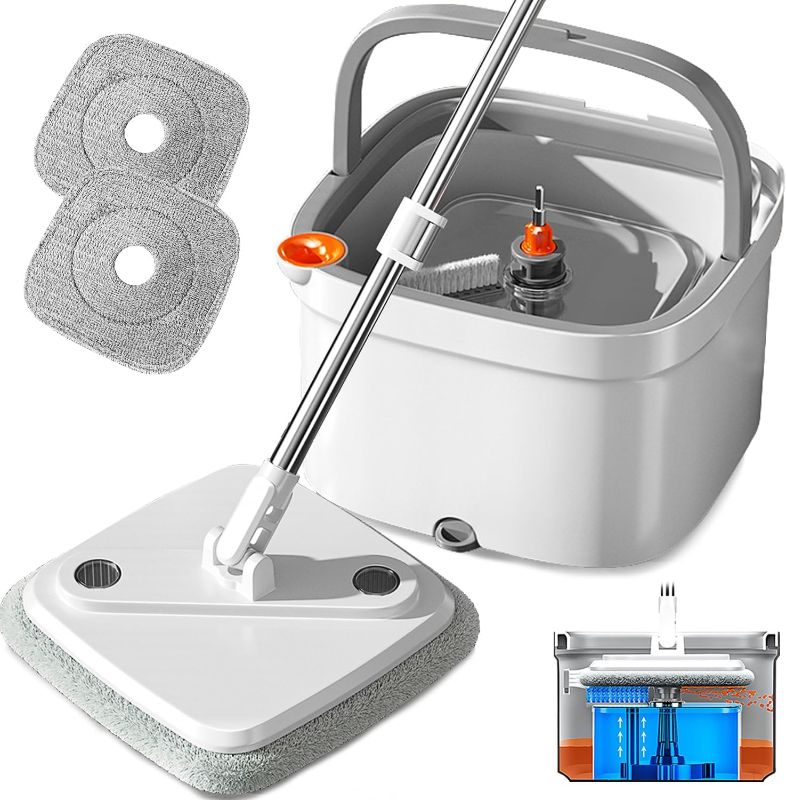 Photo 1 of KZKR Spin Mop and Bucket Set with Self Separation Dirty and Clean Water System, Self Wringing 360° Rotating Square Mop Head for Home Floors Cleaning (1.0 Mop and Bucket Set (2 Pads))
