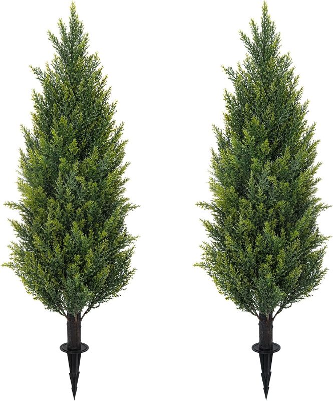 Photo 1 of 3FT Artificial Cedar Topiary Trees with Ground Spike, UV Resistant Fake Bushes Artificial Shrubs 2 Pack Faux Cypress Plants for Outdoor Indoor Front Porch Garden
