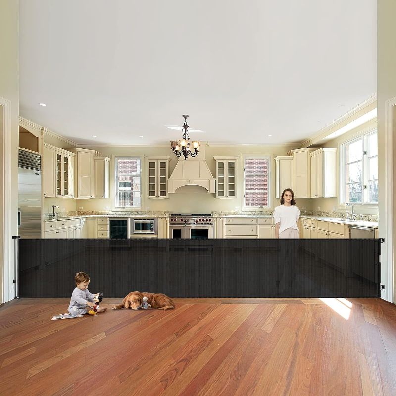 Photo 1 of 150 Inch Extra Wide Retractable Baby Gates for Large Openings Long Baby Gates for Doorways Large Dog Gate for The House Indoor Outdoor Pet Gates for Dogs, Black

