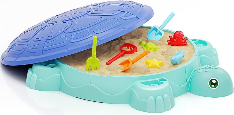 Photo 1 of Sandbox with Lid, Kids Turtle Sand Box with Sand Molds and Shovels Set for Sensory Play, Toddler Outdoor Indoor Toys for Boys Girls Ages 3+
