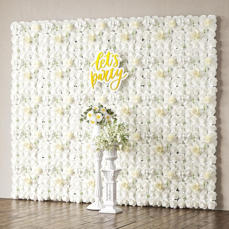 Photo 1 of COKAOBE White Flower Wall Panels Backdrop, 24PCS 15x15 Inch 3D Silk Rose Floral Wall, Artificial Flower Panels for Wedding, Party, Bridal Shower, Baby Shower, Home and Photo Backdrop Decoration
