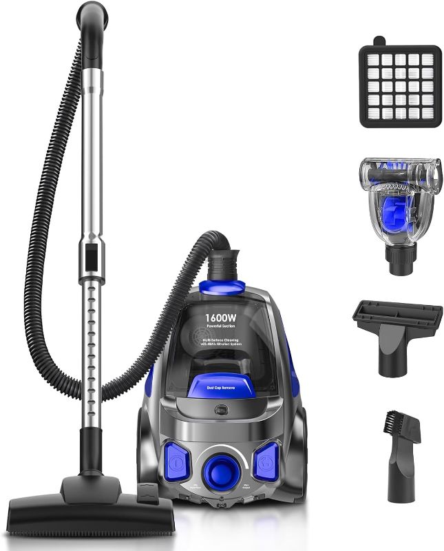 Photo 1 of 32Kpa 1600W Canister Vacuum Cleaner(Energy Class A), Cyclon Power, Dust Full Indicator, Double HEPA Filter, 3.7Qt Large Capacity, Lightweight Vac for Hard Floors, Carpets, Pet Hair, Blue
