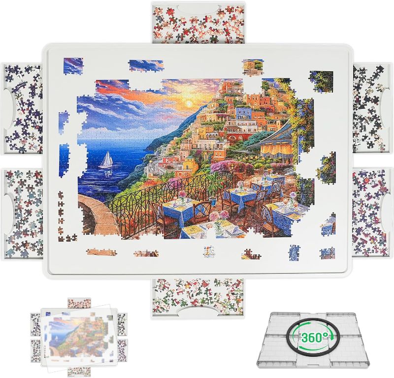 Photo 1 of Rotating Puzzle Board for 1500 Pieces with 6 Sliding Drawers and Cover – 360° Lazy Susan Spinning, 34.25"x26.38" Portable Plastic Puzzle Table, Christmas Gift for Mom
