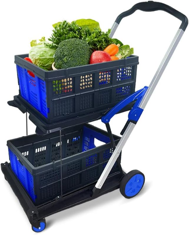 Photo 1 of Two Layers Folding Shopping Cart | Multi Use Functional Collapsible Carts | Collapsible Grocery Carts | Shopping Cart with Storage Crate | Utility Cart for Groceries, Warehouse,Supermarket.Blue
