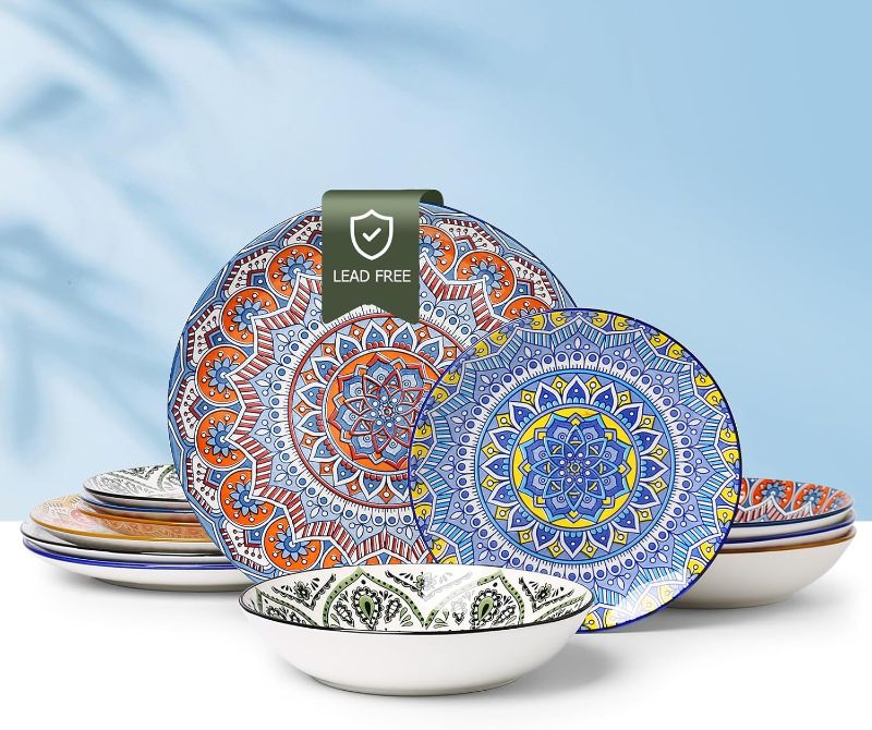 Photo 1 of Ceramic Dinnerware 12 Pieces Dinner Set,Plates Pasta Bowls Cereal Bowls Reactive Change Glaze Dish Sets, Modern Stoneware Dishe Bohemian colors (Bohemia)
