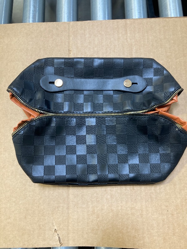 Photo 1 of Large Capacity Travel Cosmetic Bag Travel Cosmetic Bag for Women Makeup Bag With Handle PU Leather Waterproof Multifunctional Makeup Organizer Plaid Cosmetic Bag Checkered Makeup Bag (Black)