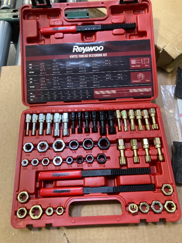 Photo 1 of Reywoo 49 PC Thread Chaser Set, Metric and SAE Thread Restorer Tool with 22 Taps 24 Dies 3 Thread Files, Master Thread Cleaner Rethreading Kit in UNC UNF Metric Sizes