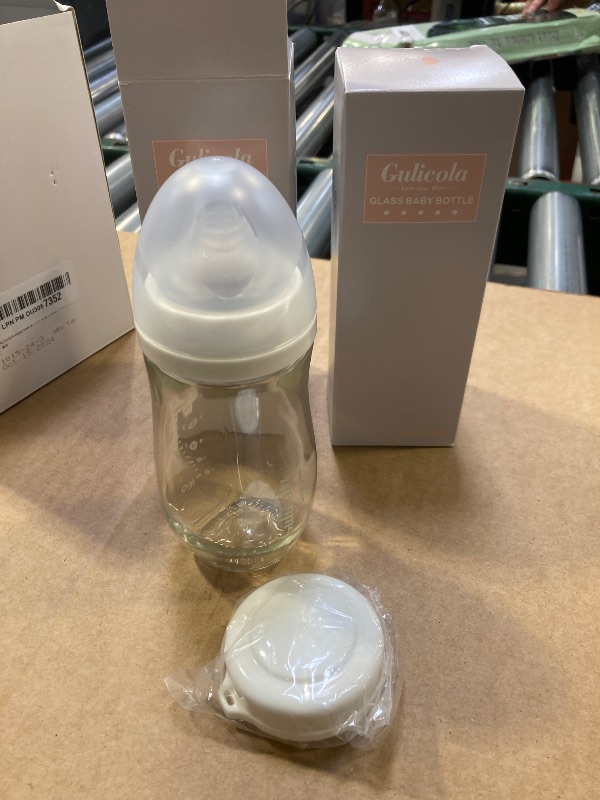 Photo 1 of Gulicola Natural Glass Baby Bottle for Breastfed Babies, Anti-Colic Baby Bottle Set with Medium Flow Nipple, 3 Months +, 8 oz, 2 Pack - White