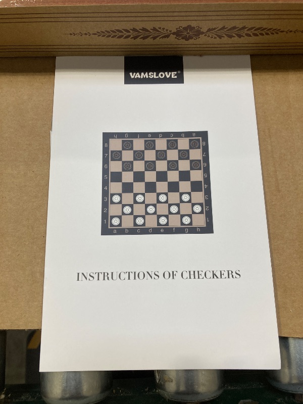 Photo 1 of VAMSLOVE 14inch Checkers Folding Wooden Game Set, 8x8 Classic Checkerboard International Checkers Draughts Board 64 Square with Pieces Storage Slots (Instructions Included)