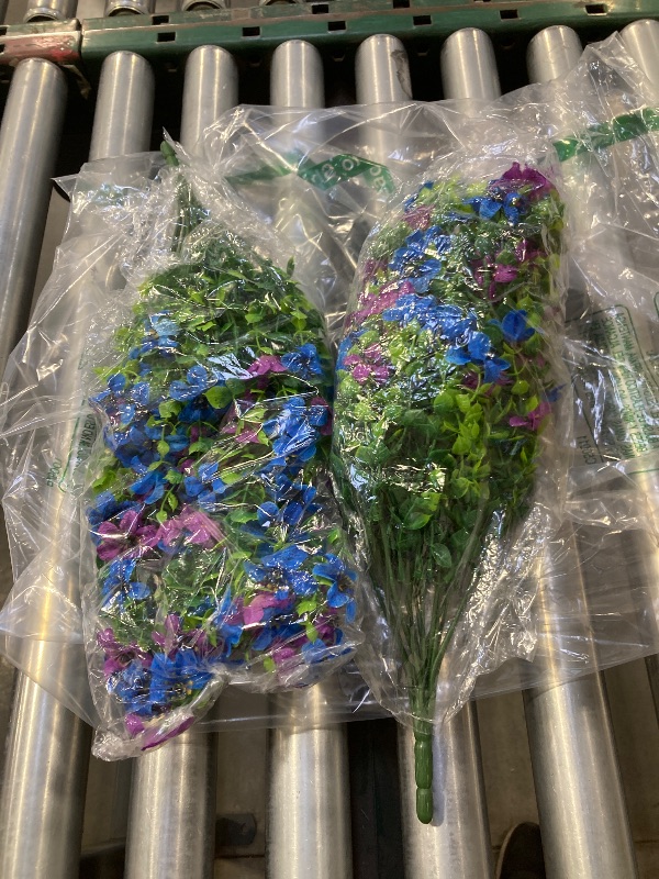 Photo 1 of Artificial Flowers Hanging Baskets, 4 Bundles Outdoor Hanging Basket Spring Summer Decoration, No Fade Realistic Fake Flowers Plants for Porch Patio Balcony Home Yard Decor(Purple Blue)