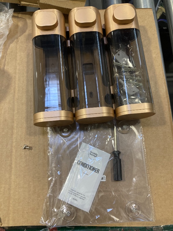 Photo 1 of Shampoo and Conditioner Dispenser?Refillabe Shower Soap Dispensers 3 Chamber No Drill Shampoo Dispenser for Shower Wall Mounted 3 * 300ml Container for Bathroom Hotel (Gold 3 Chamber)