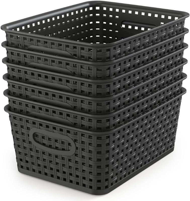 Photo 1 of WYT Woven Storage Organizer Basket, 6-Pack Black Plastic Weave Baskets, 10.1 x 7.55 x 4.1