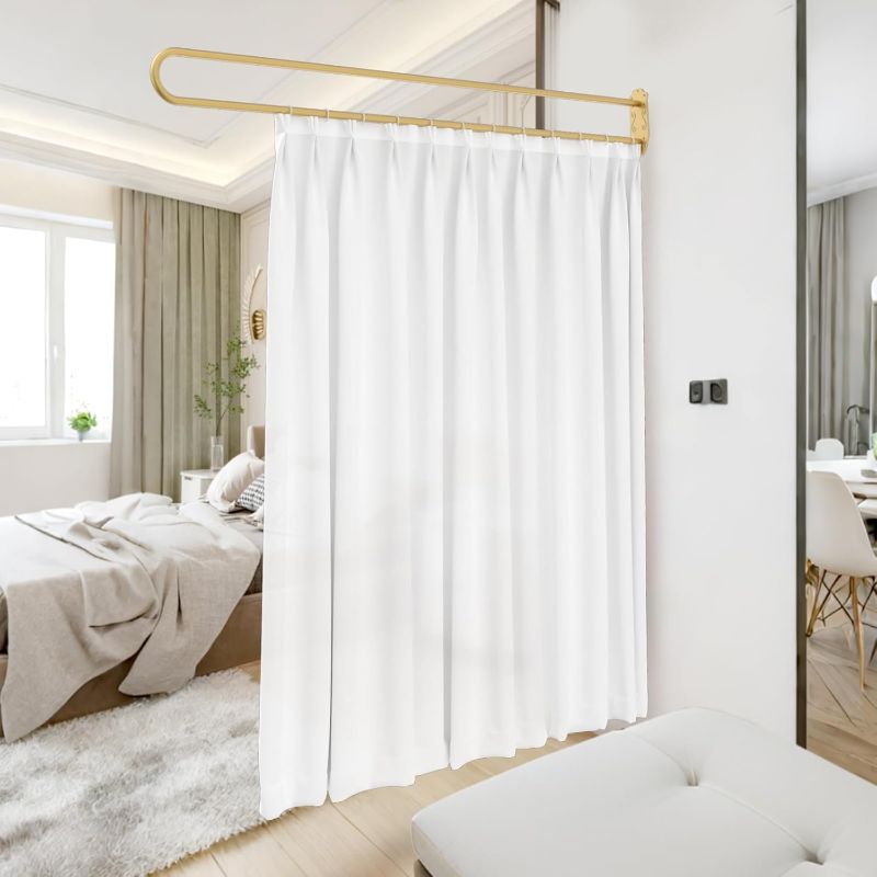 Photo 1 of Privacy Partition Curtains, U-Shape Room Divider, Metal Support Wall Mounted Curtains, 6.56ft White Flat Hooks Medical Curtain for Fitting Room Beauty Salon Bedroom (White, 6.56ft)
