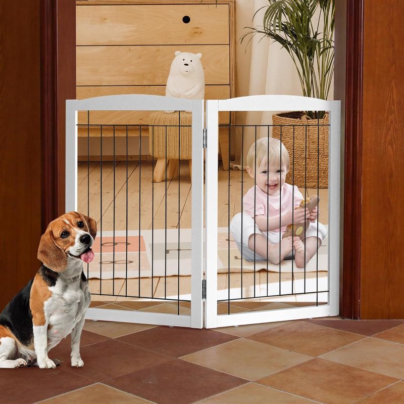 Photo 1 of ZJSF Freestanding Foldable Dog Gate - Extra Wide Wooden White Puppy Gate - 2 Panels Pet Fence