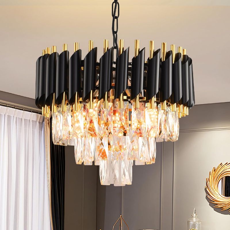Photo 1 of Modern Crystal Chandelier Black and Gold Chandelier 3-Tier Round Pendant Ceiling Light Fixture Flush Mount Chandeliers for Dining Room Living Room Bedroom Foyer Hallway Entryway Kitchen W16
