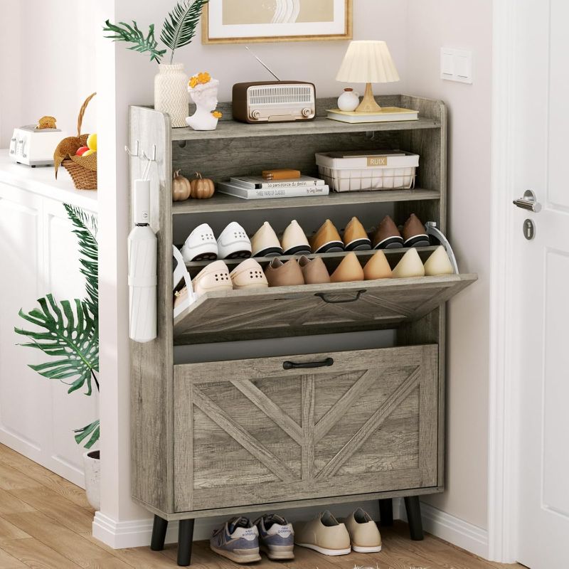 Photo 1 of EOYUTLLY Shoe Cabinet Storage for Entryway, Narrow Shoe Rack Cabinet with 2 Flip Drawers, Freestanding Hidden Shoe Rack Storage Organizer (Without Light, Grey)
