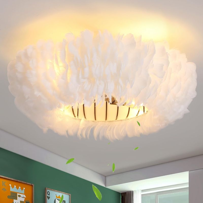 Photo 1 of 20" Modern Ceiling Fans with Lights and Remote Control?White Feather Chandeliers Stylish Low Profile Ceiling Fan for Bedroom, Living Room and Small Spaces,Featuring Reversible Motor, 6 Speeds
