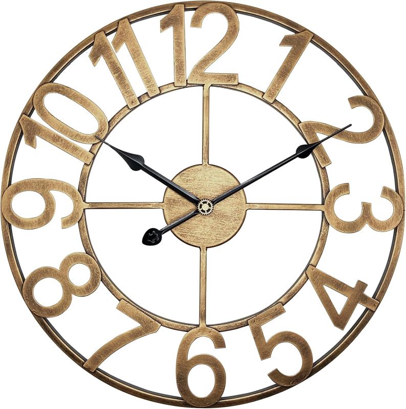 Photo 1 of Kitchen Wall Clock, Silent Non-Ticking Battery Wall Clock, Large Retro Vintage Gold Metal Decorative Wall Clock for Outdoor, Farmhouse, Indoor Living Room, Bedroom, Office 16 Inch

