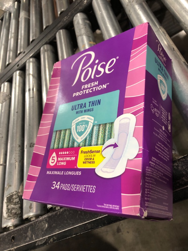 Photo 1 of Poise Ultra Thin Incontinence Pads with Wings & Postpartum Incontinence Pads, 5 Drop Maximum Absorbency, Long Length, 34 Count, Packaging May Vary
