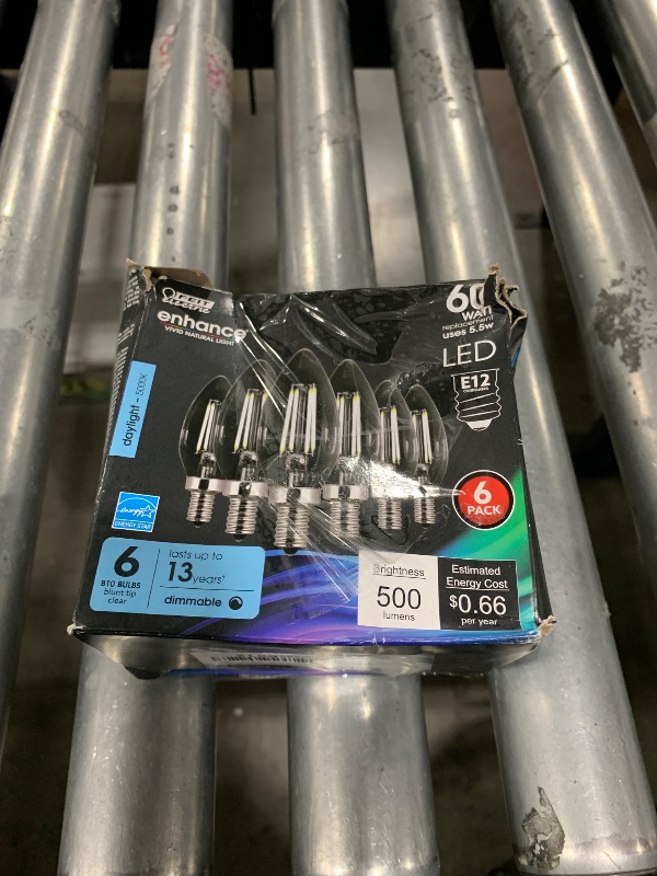 Photo 1 of Feit Electric 60W Equivalent Candelabra LED Light Bulb, Dimmable, E12 Base, 5000K Daylight, B10 Filament Torpedo Tip Decorative Lighting Bulbs, 13-Year Lifetime, CTC60/950CA/FIL/6, 6-Pack