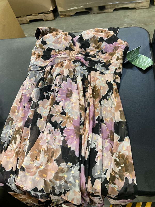 Photo 1 of R & M Richards Women's 1Pc Hi-Lo Print Metallic Clip Chiffon Dress with Rhinestone Waist Detail, 16