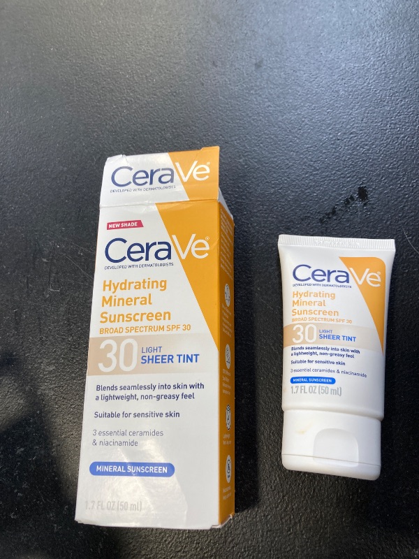 Photo 1 of CeraVe Hydrating Mineral Sunscreen SPF 30 with Sheer Tint, Tinted Mineral Sunscreen with Zinc Oxide & Titanium Dioxide, Blends Seamlessly For Healthy Glow, Light, 1.7 Oz exp- 12/2026