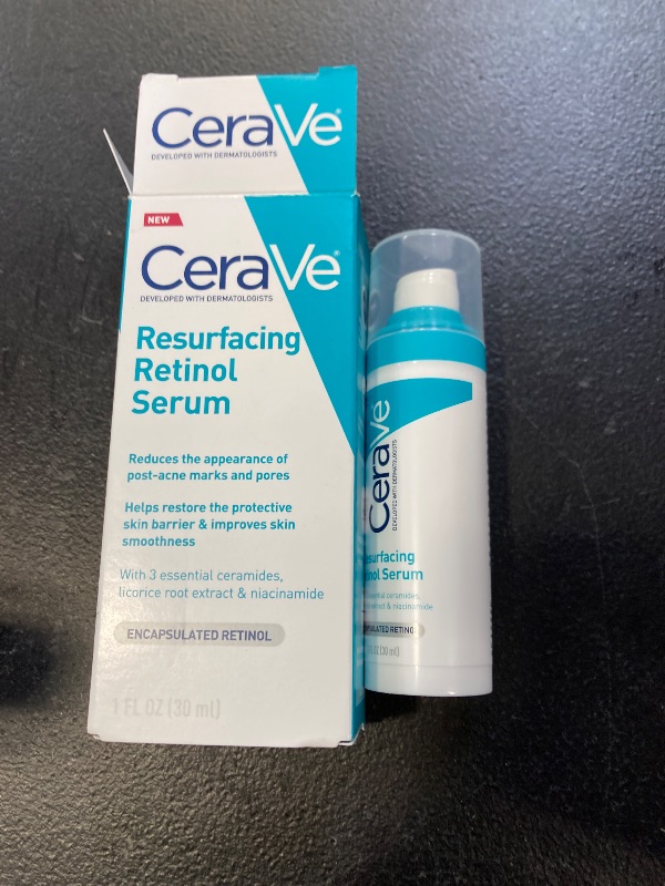 Photo 1 of CeraVe Resurfacing Retinol Serum For Post Acne Marks, Formulated With Licorice Root Extract & Niacinamide, Brightening Serum & Pore Minimizer For Face, Post Acne Skin Barrier Repair, Non-Comedogenic