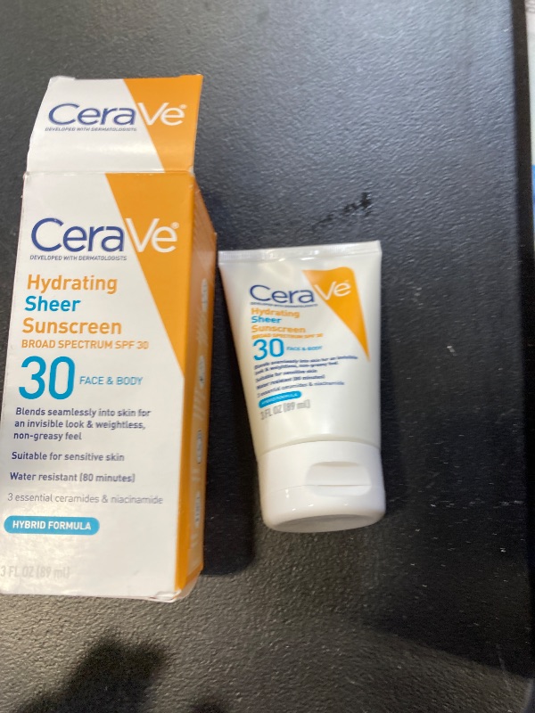 Photo 1 of CeraVe Hydrating Sheer Sunscreen SPF 30 for Face and Body, Mineral & Chemical Sunscreen with Zinc Oxide, Hyaluronic Acid, Niacinamides and Ceramides, Paraben Free Fragrance Free, 3 Ounces exp- 10/2027