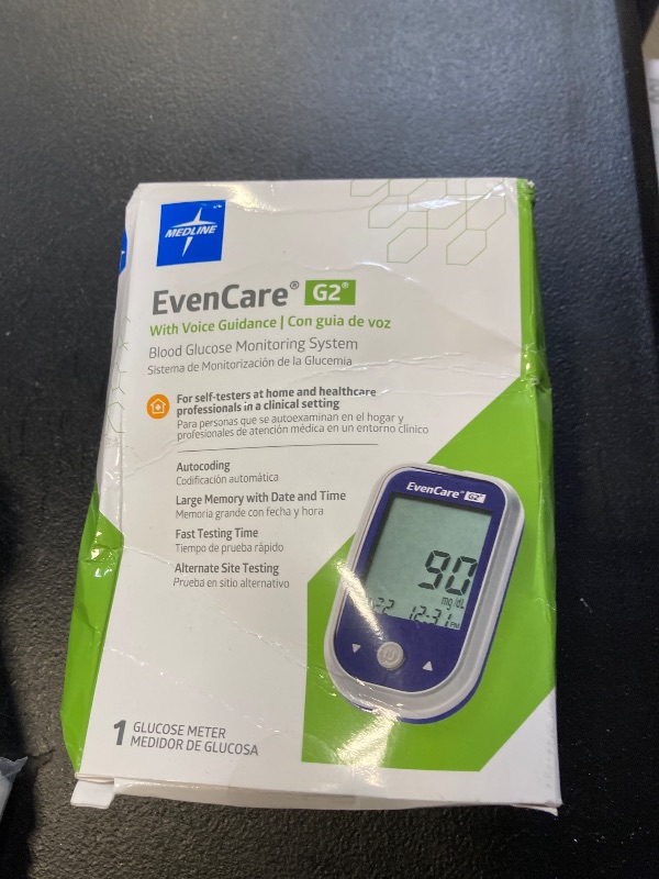 Photo 1 of Medline EvenCare G2 Blood Glucose Monitoring Meter, Self-Testing Diabetic Care, 6 Sec Results, Batteries, Guide, Carrying Case, Logbook, Voice Assistance