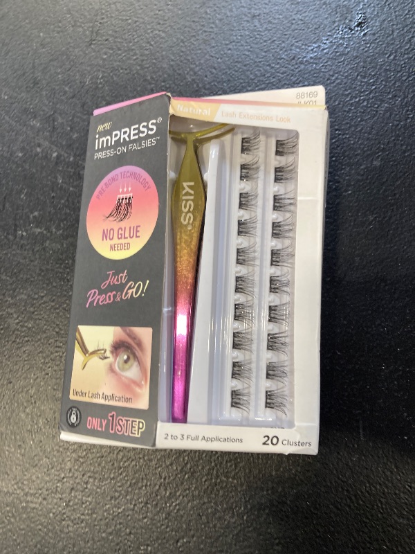 Photo 1 of KISS imPRESS Falsies Self Adhesive Eyelashes, Press On Lashes, 12mm-14mm Natural Volume Lashes, Black, No Glue Needed, Invisible Band, 36 Lash Clusters & Non-Stick Applicator - Natural