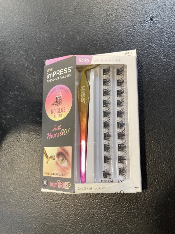 Photo 1 of KISS imPRESS Falsies Press On Self Adhesive Eyelashes, 12mm-14mm Glam Volume Press On Lashes, Black, No Glue Needed, Invisible Band, 20 Lash Clusters & Non-Stick Applicator - Spiky