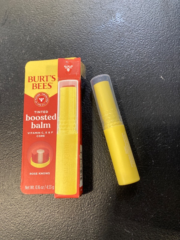 Photo 1 of Burt’s Bees Tinted Boosted Balm, Rose Knows, Hydrating Tinted Lip Balm with Vitamin C, E, and F Core, 24 Hour Lip Moisturizer with Responsibly Sourced Beeswax, 100% Natural Origin, 1 Count, 0.16oz