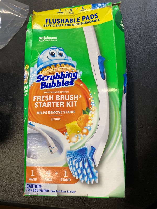 Photo 1 of Scrubbing Bubbles Toilet Bowl Brush and Holder with Cleaner Refill Pads, Fresh Brush Toilet Wand Starter Kit, Cleans Limescale & Fights Odors, Citrus Scent, 1 Wand + 4 Refills + 1 Stand