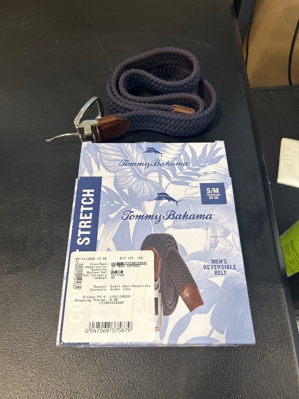 Photo 1 of Tommy Bahama Men's Stretch Braided Reversible Leather Trim Belt, Navy/Brown, S/M (32-36)