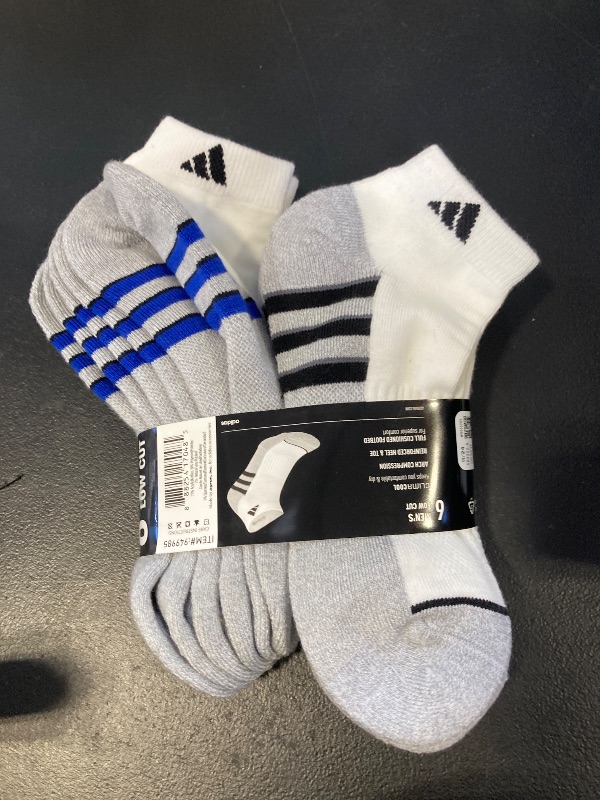 Photo 1 of adidas 2 Pack Performance Aeroready Cushioned Low Cut Socks for Men and Women, Men's Shoe Size 6-12, White - Gray with Blue/Black Stripes (12 pairs Total)
