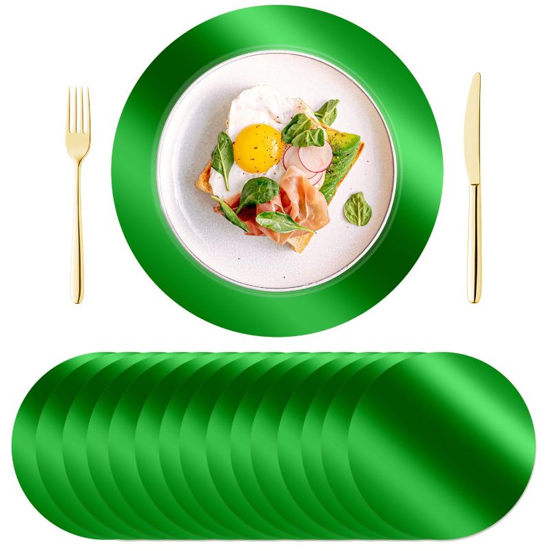 Photo 1 of KesaPlan 100 PCS Round Green Lucky St. Patrick’s Day Placemats, 13" Disposable Paper Placemats for Dining Table, Mirror Green Charger Place Mat for Christmas Thanksgiving Table Setting Wedding Party