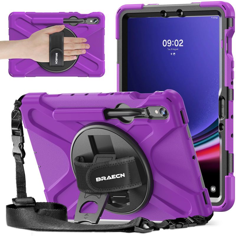 Photo 1 of BRAECNstock for Samsung Galaxy Tab S10 FE/ S9 FE/ S9/ S8/ S7 5G Case 10.9"/11", Shockproof Protective Kids Case with Pencil Holder, 360° Rotating Hand Strap & Stand, Shoulder Strap, Purple