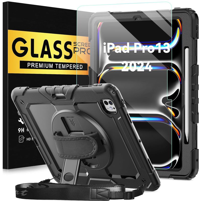 Photo 1 of BLOSOMEET Case for iPad Pro 13 Inch 2024 M4 with Tempered Glass Screen Protector & Pencil Holder, Heavy Duty iPad Cover for Pro 13 Inch with Stand Handle Shoulder Strap (Black)