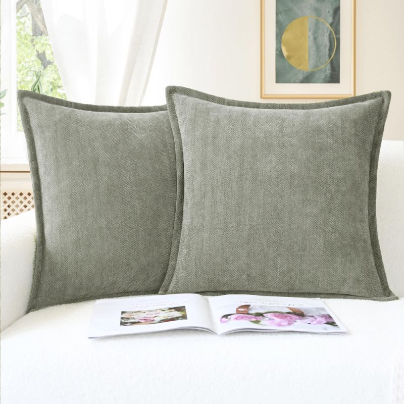 Photo 1 of CaliTime Throw Pillow Covers Pack of 2 Soft Herringbone Chenille Cushion Cases with Elegant Design for Couch Sofa Farmhouse Decoration 18 X 18 Inches Grey