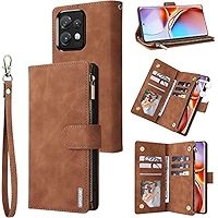 Photo 1 of LBYZCASE Case for Motorola Edge+ 2023 with Card Slots[RFID Blocking],Flip Folio Kickstand Magnetic Closure Leather Zipper Wallet Wrist Strap Women Men Case for Motorola Edge Plus(2023) (Wine Red)