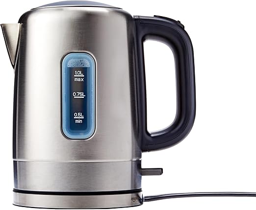 Photo 1 of Amazon Basics Electric Stainless Steel Kettle for Tea and Coffee, BPA-Free, Fast Boiling, Auto Shut-Off, 1.1 Quarts, 1500W, Black and Silver