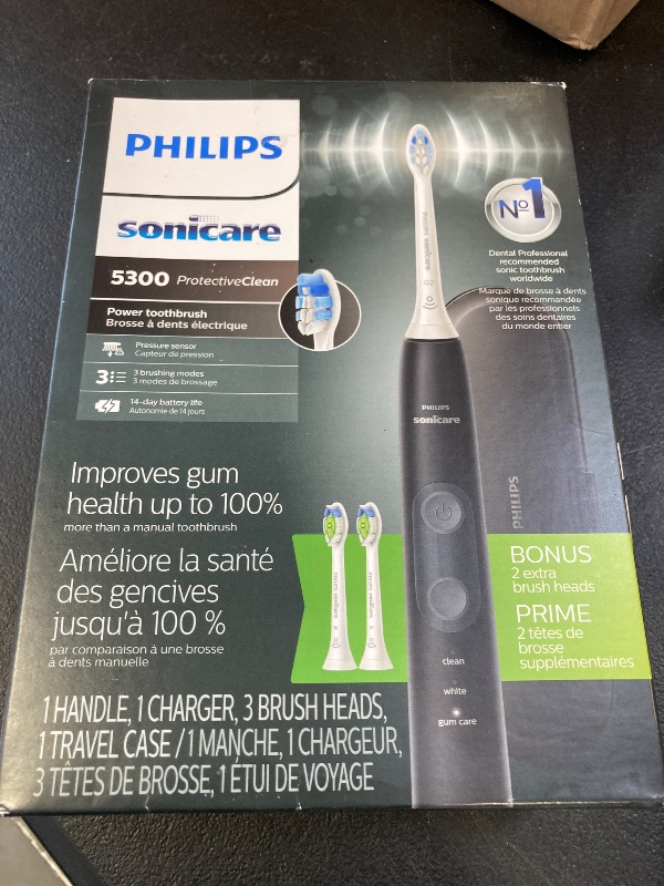 Photo 1 of Philips Sonicare ProtectiveClean 5300 Rechargeable Electric Toothbrush, with Pressure Sensor, 3 Cleaning Modes, SmarTimer and QuadPacer, with 2 Bonus Brush Heads, Travel Case, Black, Model HX6423/34