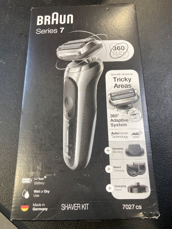 Photo 1 of Braun Electric Razor for Men, Waterproof Foil Shaver, Series 7 7027cs, Wet & Dry Shave, with Beard Trimmer, Rechargeable, Charging Stand and Travel Case Included, Silver Black
