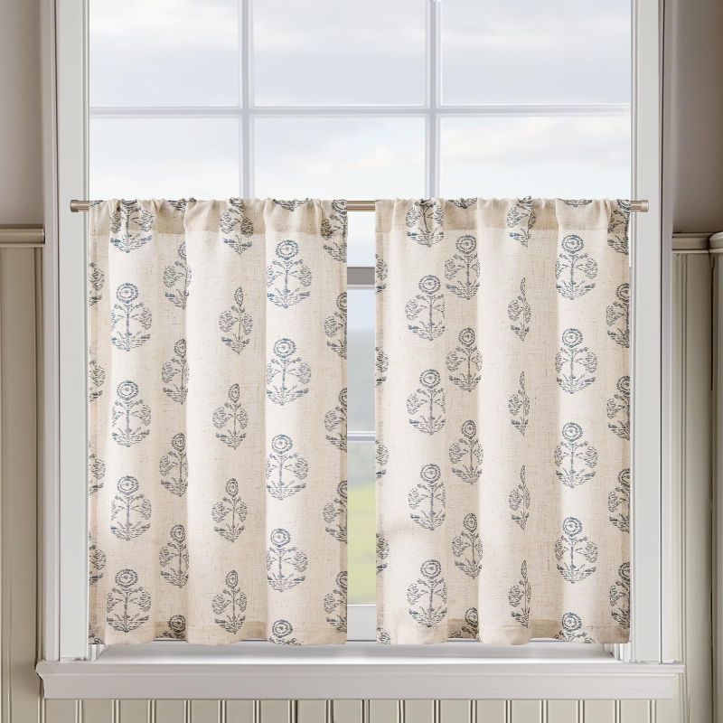 Photo 1 of jinchan Linen Kitchen Curtains 36 Inch Floral Tier Curtains Farmhouse Cottage Core Flax Cafe Rod Pocket Country Small Window Drapes for Laundry Room Bathroom RV 2 Panels Blue on Beige