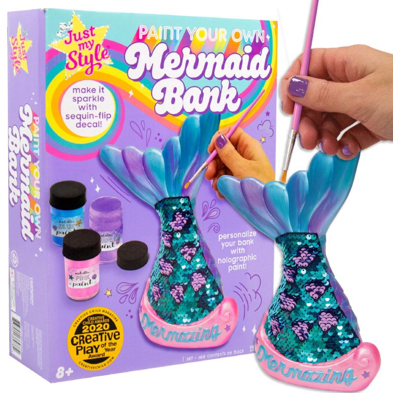 Photo 1 of Just My Style Paint Your Own Mermaid Bank by Horizon Group USA. Paint & Decorate Your Own Coin Bank with Color Changing Sequin Decal & Metallic Holographic Paints, Blue