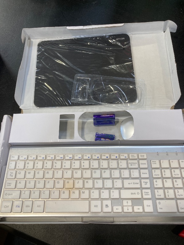 Photo 1 of Wireless Keyboard and Mouse with Mouse Pad Ultra Slim Combo, MOOJAY 2.4G USB Quiet Compact Scissor Switch Keyboard Mice Set with Cover, 2 AA and 2 AAA Batteries, for Laptop/PC/Windows - Silver White
