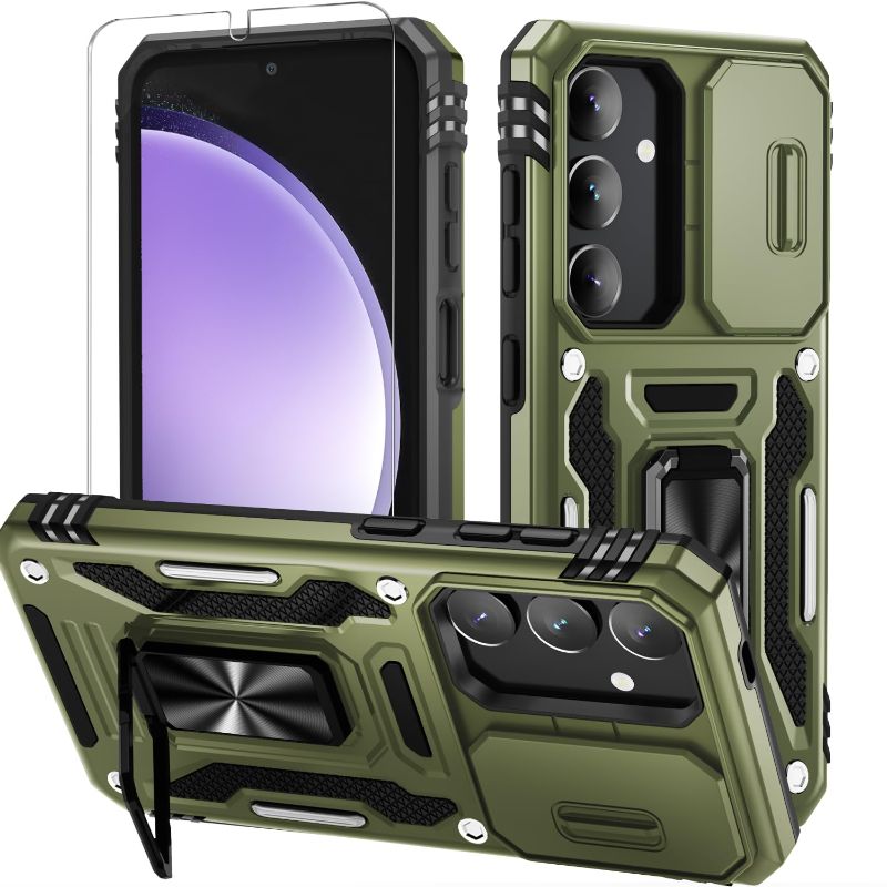 Photo 1 of WRJ Case Designed for Galaxy S24 Plus with Slide Camera Cover and Screen Protector, Military Grade Protection [Rotated Ring Kickstand] Heavy Duty Shockproof Protective Case-Olive Green